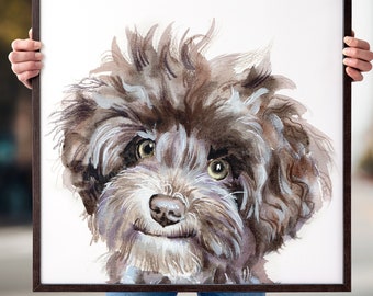 May include: Watercolor painting of a fluffy, dark-haired dog with a friendly expression. The dog's fur is a mix of brown and gray tones, and it has big, expressive eyes. The artwork is framed in a dark brown wooden frame.