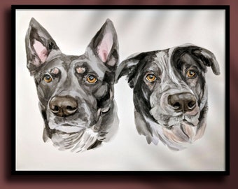 Two Pet Portrait | Mulitple Dog Portrait | 2 Dogs Art | Framed Dog Portrait | Pet Portrait | Custom Dog Portrait