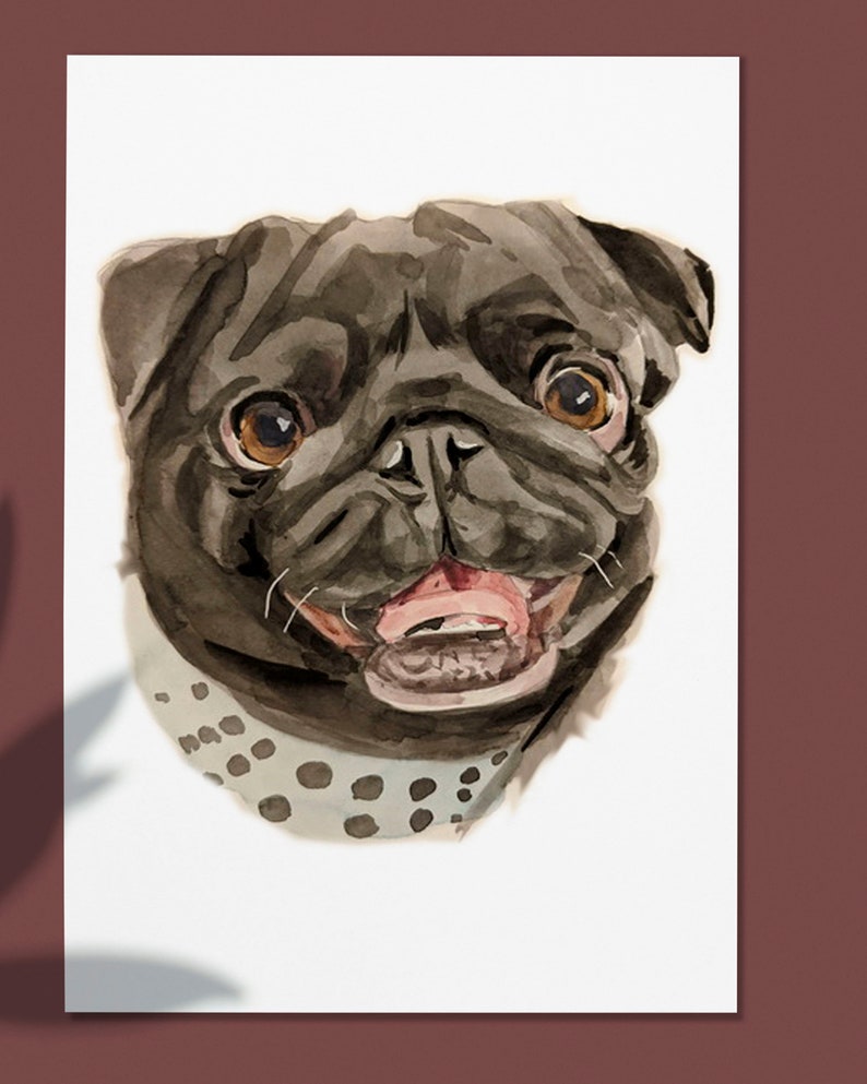 Op de afbeelding: Waterverf schilderij van een zwarte mops met een witte halsband met zwarte stippen. De mops kijkt recht naar de kijker met zijn mond open en tong naar buiten.