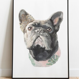 May include: Watercolor painting of a black French bulldog wearing a gold crown and a pink and green floral collar.