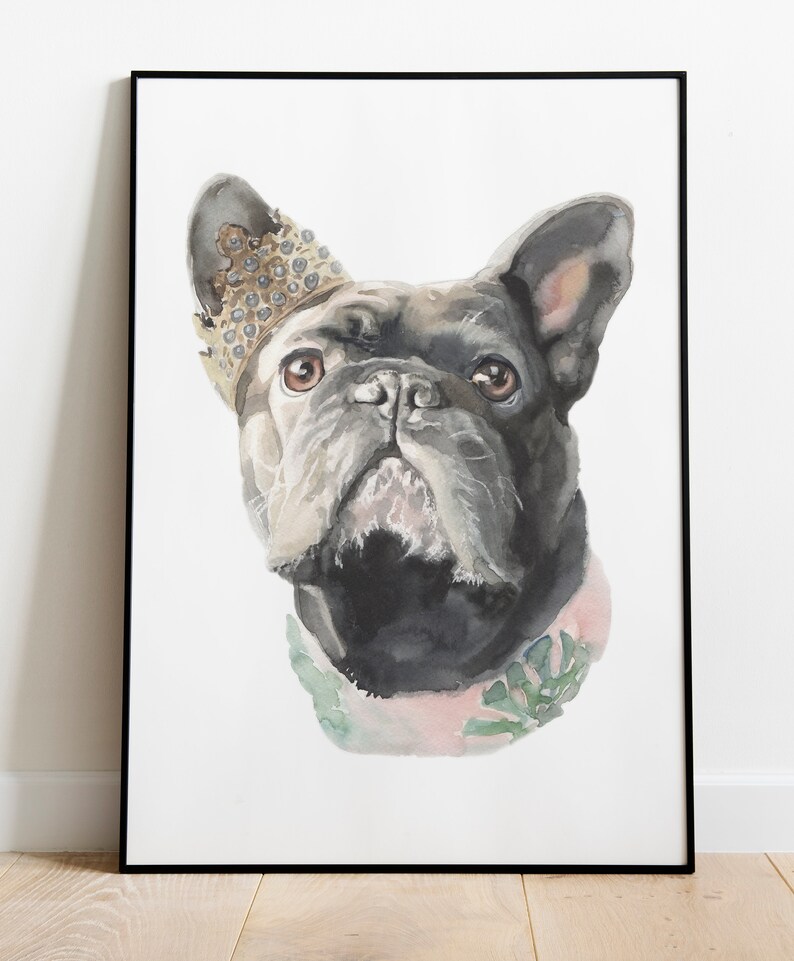 May include: Watercolor painting of a black French bulldog wearing a gold crown and a pink and green floral collar.