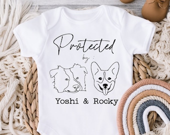 Protected By Dog Onesie®, Custom Dog Breed Onesie®, Personalized Dog Name Baby Onesie®, Dog Sibling Outfit, Baby Shower Gift,