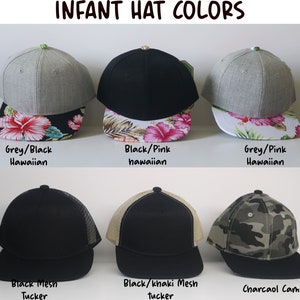 May include: Infant hat colors: grey and black with floral print, black and pink with floral print, grey and pink with floral print, black mesh, black and khaki mesh, and charcoal camo.