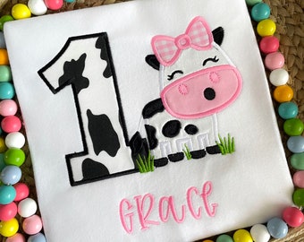 Cow first birthday shirt/ 1st Birthday Farm Outfit, Pink Girly Cow Shirt, Personalized Cow Shirt, Cow Birthday Party. Farm Birthday