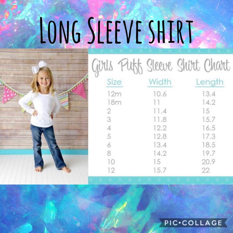 Op de afbeelding: Een maattabel voor meisjes puffmouw shirts. De tabel toont maten van 12 maanden tot 12 jaar, met de bijbehorende breedte- en lengtematen in inches.