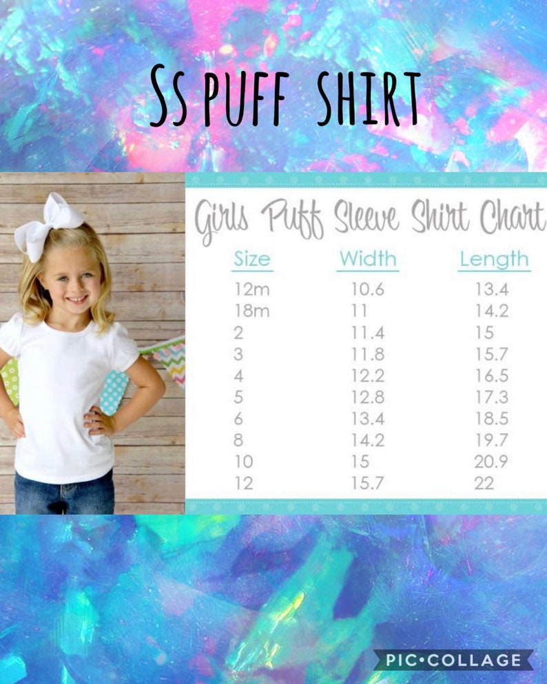 Op de afbeelding: Een tabel met de maat-, breedte- en lengtemaat voor meisjes puff-sleeve shirts. De tabel toont maten van 12 maanden tot 12 jaar. De maten zijn in inches.