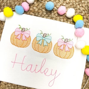 Peut inclure: Une grenouill&egrave;re blanche avec trois citrouilles brod&eacute;es avec des n&oelig;uds roses, bleus et rose p&acirc;le. Le nom "Hailey" est brod&eacute; en rose sous les citrouilles.