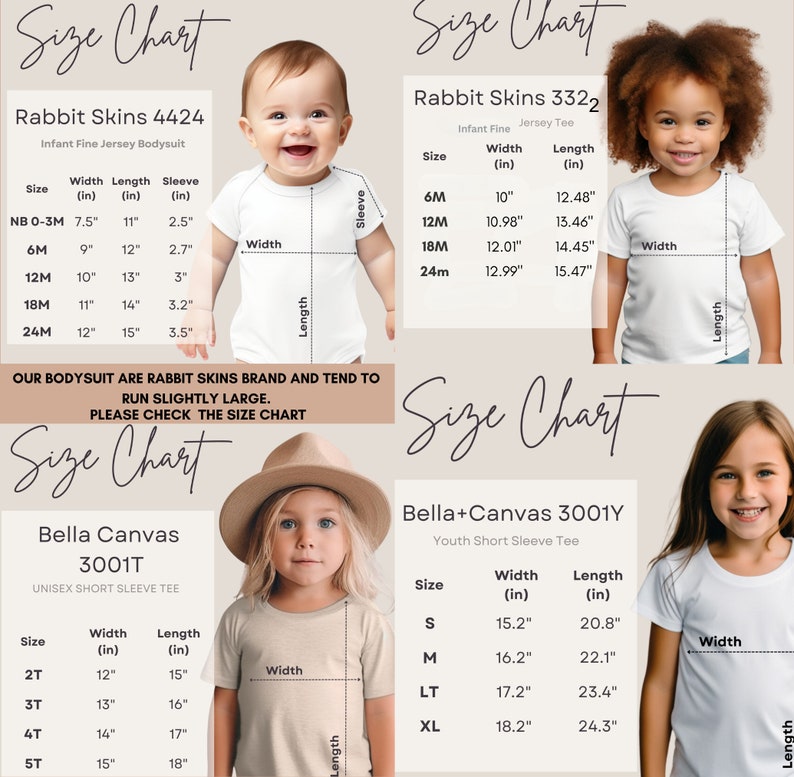 May include: Size chart for infant and youth clothing. The chart shows the width and length measurements in inches for different sizes of bodysuits, t-shirts, and short-sleeve tees. The chart is labeled with the brand names Rabbit Skins and Bella Canvas.