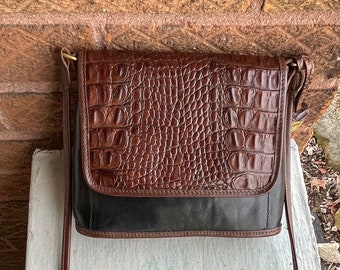 Brahmin Black Brown Croc Leather Tuscan Satchel Hand Bag W/Shoulder Strap