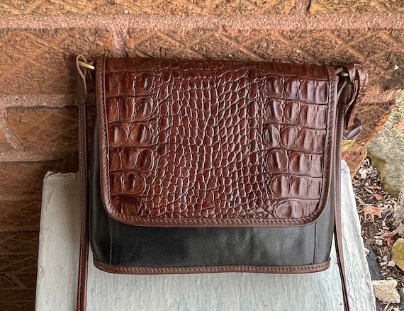 Vintage BRAHMIN Black Leather Brown Croc Embossed Leather Shoulder Bag