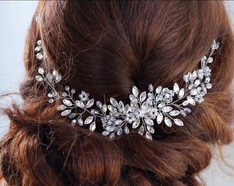 Handmade Rose Gold Rhinestone Leaf & Crystal Beaded Bridal Headdress Vine Tiara