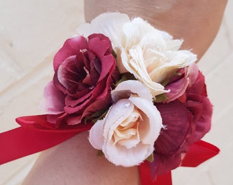 Cream & Brown Rose Flowers Wrist Corsage with Dark Red Ribbon Bow - Perfect for Brides, Bridesmaids, Wedding Guests and Proms