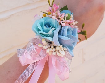 Luxury Blue Rose Wrist Corsage with Silver and Pink Ribbon Bow - Perfect for Brides, Bridesmaids, Wedding Guests and Proms