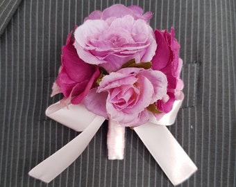 Lilac & Wine Pink Rose Flowers Buttonhole Corsage with Pale Pink Ribbon Bow - Perfect for Groom, Groomsmen and Wedding Guests