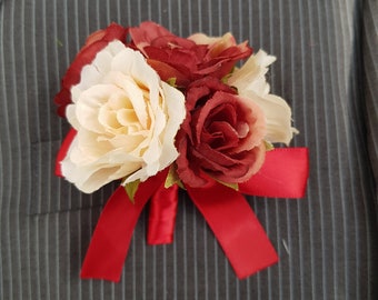 Cream & Brown Rose Flowers Buttonhole Corsage with Dark Red Ribbon Bow - Perfect for Groom, Groomsmen and Wedding Guests