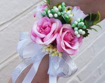 Luxury Multi Tone Pink Rose Wrist Corsage with Silver and Ivory Ribbon Bow - Perfect for Brides, Bridesmaids, Wedding Guests and Proms