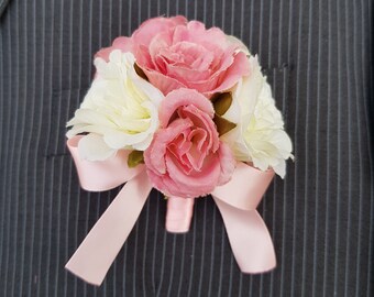 Ivory & Pale Pink Rose Flowers Buttonhole Corsage with Pale Pink Ribbon Bow - Perfect for Groom, Groomsmen and Wedding Guests