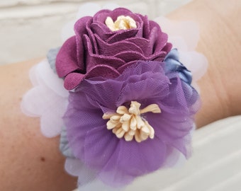 Purple & Blue Flower Wrist Corsage with Tulle Wrist Tie - Perfect for Brides, Bridesmaids, Wedding Guests and Proms