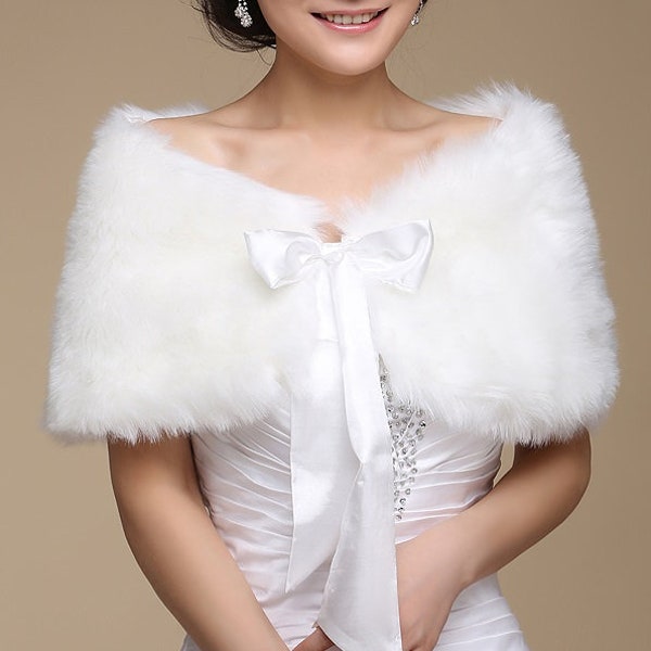 Ivory Cream Faux Fur Bridal Cape Shawl Wrap Jacket With Ribbon Tie - Perfect for Autumn or Winter