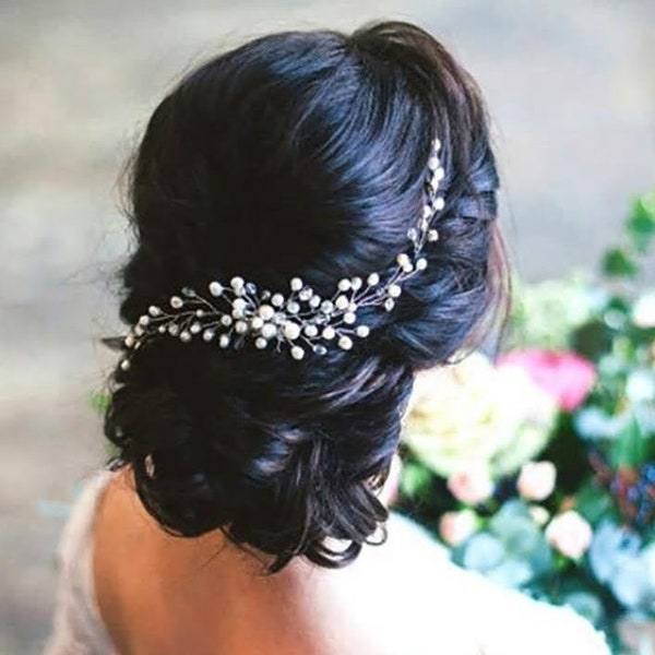 Handmade Faux Pearl Vine On Silver Bridal Hair Comb With Crystal Beads