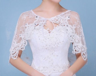 Off White Pale Ivory Lace Bridal Cape Shawl With Scalloped Edges & Teardrop Diamontes