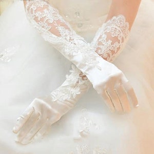 Pair of Long Ivory Satin Bridal Gloves With Embroidery Lace Trim