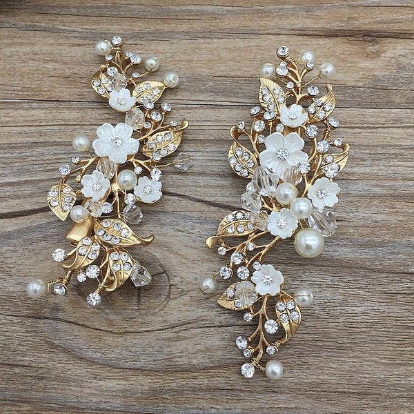 Pair of Handmade Vintage Style Gold Leaf Floral Pearl Bridal Hairclips