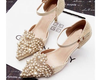 Coppia di decorazioni per abbellimenti di scarpe da sposa con perline di perle in stile vintage