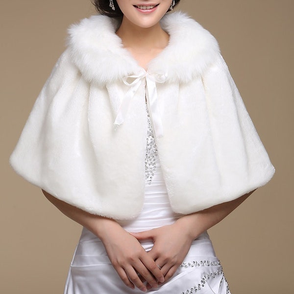 Ivory Cream Faux Fur Bridal Cape Shawl Wrap Jacket With Collar Detail - Perfect for Autumn or Winter