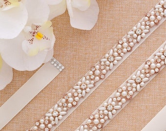 Ruban Crème Ivoire Ceinture Nuptiale Ornée de Perles & Strass Sur Un Long Cadre Or Rose 51cm Applique