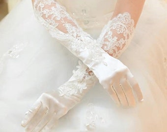 Pair of Long Ivory Satin Bridal Gloves With Embroidery Lace Trim