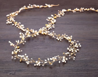 Handmade Classic Faux Pearl Bridal 50cm Gold Long Hair Vine