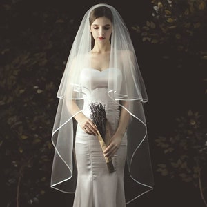 Classic Ivory Tulle 2 Layer Cathedral Bridal Veil With Ribbon Trim Edging