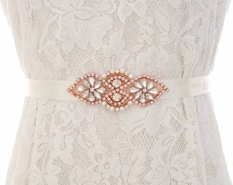 Ivory Cream Ribbon Bridal Sash Adorned with Teardrop Rhinestones & Pearls On A Rose Gold Setting 9cm Applique