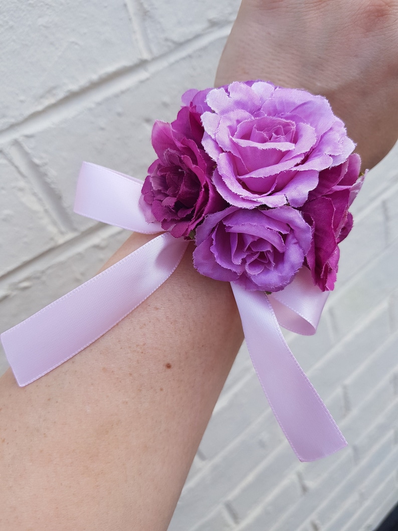Lilac  Wine Pink Rose Flowers Wrist Corsage with Pale Pink Ribb