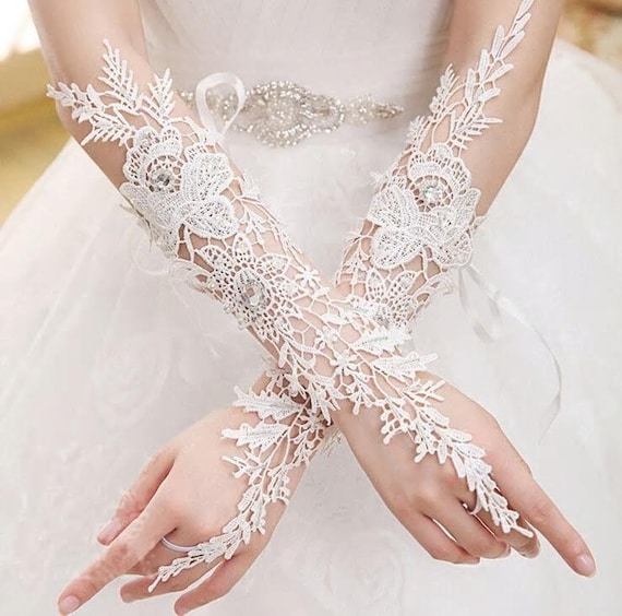 Pair of Long Ivory Fingerless Lace Bridal Gloves With Diamonte Detail