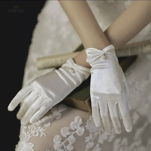 Pair of Ivory Satin Bridal Gloves With Drop Pearl Detail