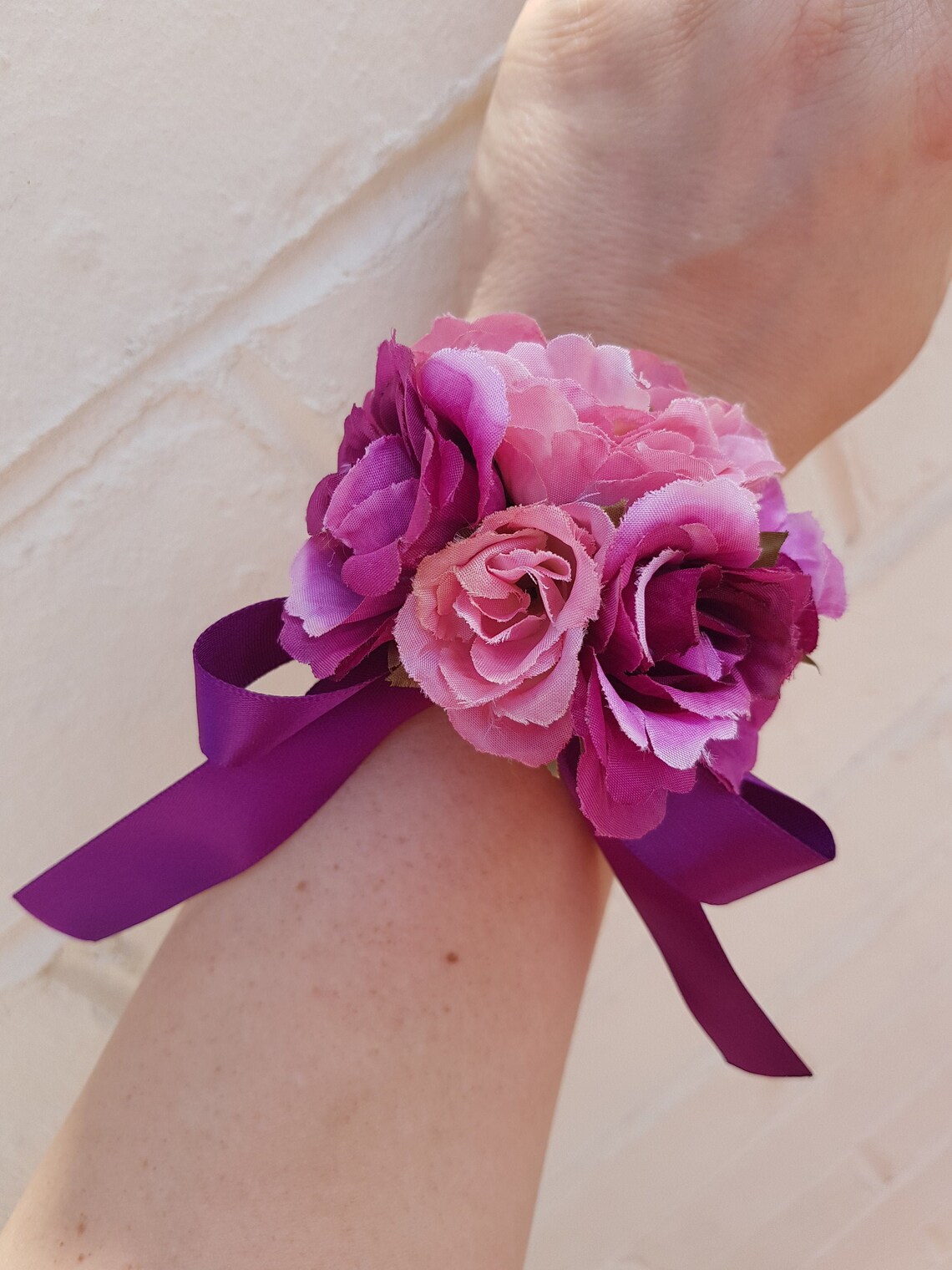 Pink & Purple Rose Flowers Wrist Corsage with Purple Ribbon Etsy