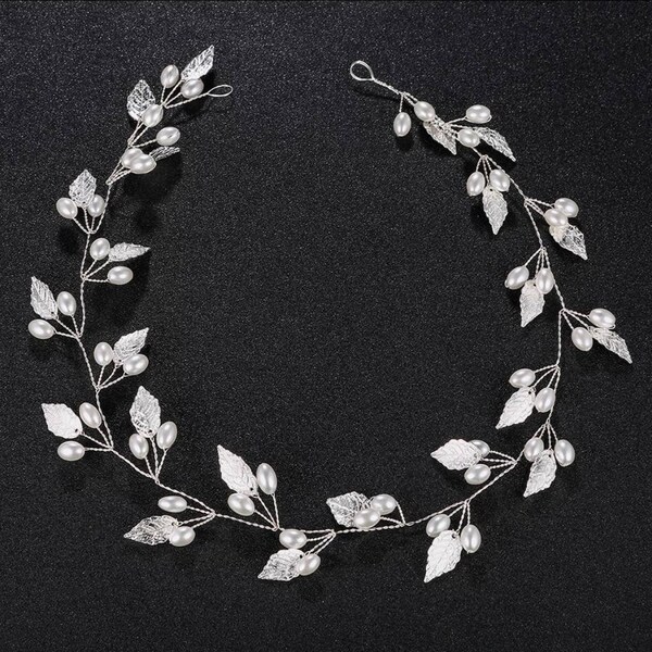 Handmade Silver Leaf & Faux Pearl Bridal Hair Vine