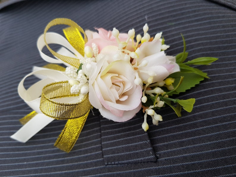 Luxury Pale Pink Ivory Rose Buttonhole Corsage with Gold and I Luxury Pale Pink Ivory Rose Buttonhole Corsage with Gold and I