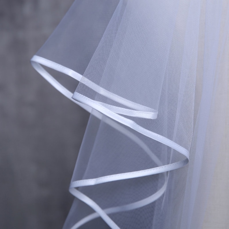 Classic White Tulle 2 Layer Cathedral 2.5m Bridal Veil With Ribbon Trim Edging image 3