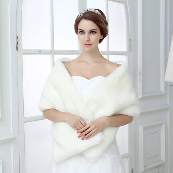 Ivory Cream Faux Fur Bridal Cape Shawl Wrap Jacket - Perfect for Autumn or Winter