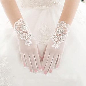 Pair of Ivory Tulle Bridal Gloves With Applique Lace & Crystal Detail