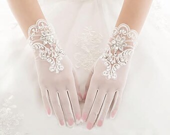 Pair of Ivory Tulle Bridal Gloves With Applique Lace & Crystal Detail