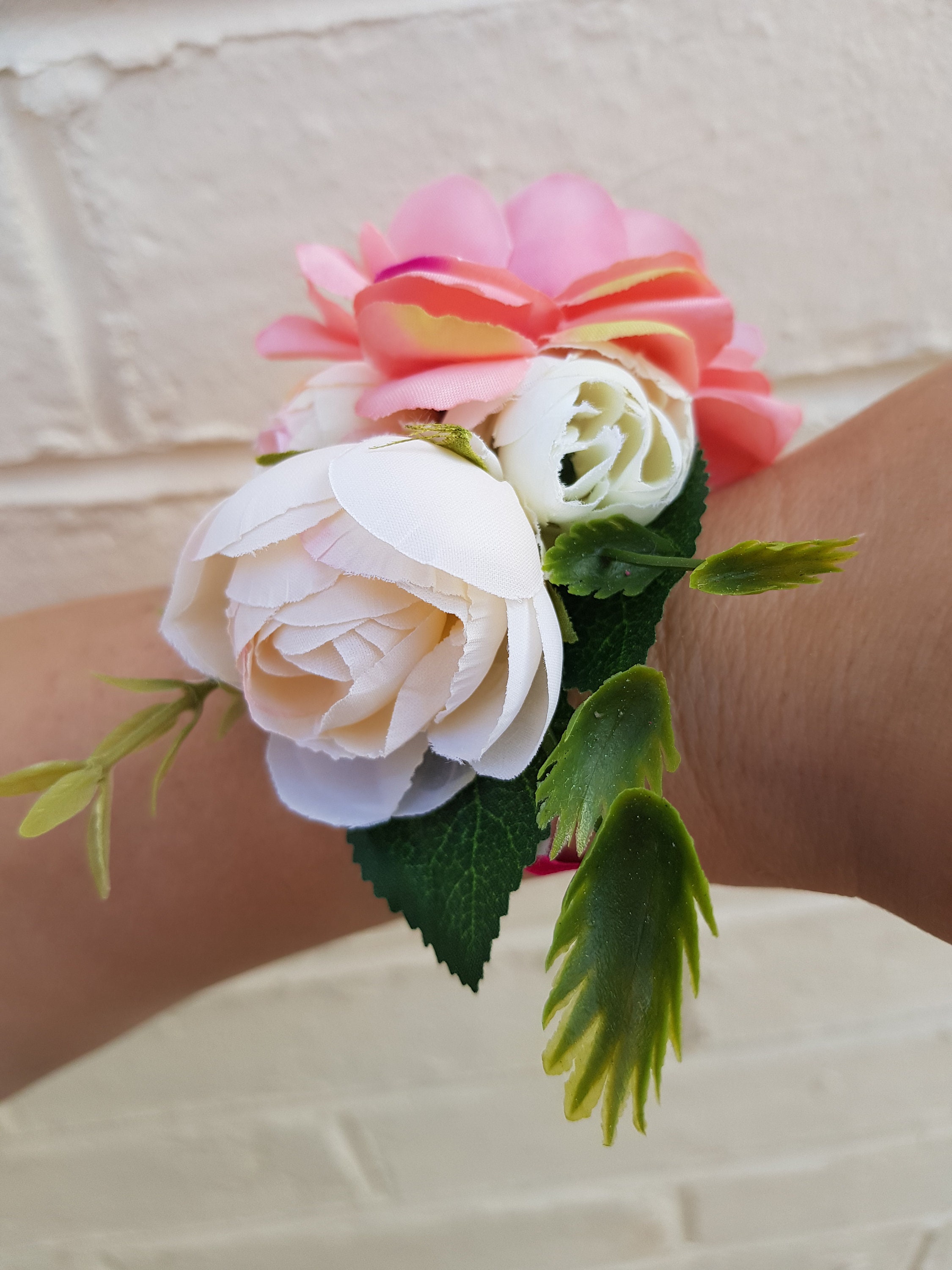 Fuchsia with Ivory ribbon and bling Wrist Corsage 