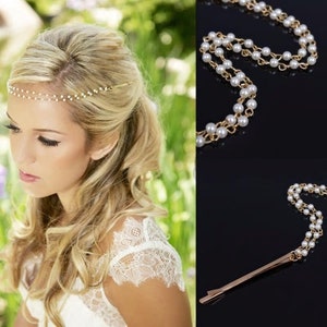 Handmade Pearl Bridal Gold Head Chain Hair Vine image 1