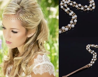 Handmade Pearl Bridal Gold Head Chain Hair Vine