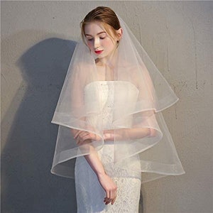 Classic White Tulle 2 Layer Bridal Veil With Banded Trim Edging