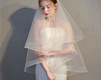 Classic White Tulle 2 Layer Bridal Veil With Banded Trim Edging