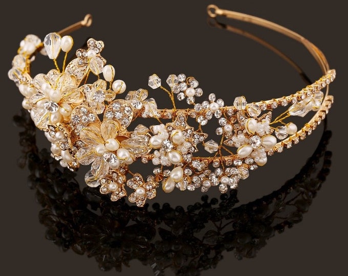 Handmade Elaborate Gold Leaf Floral Pearl Bead Bridal Hairband Hair ...